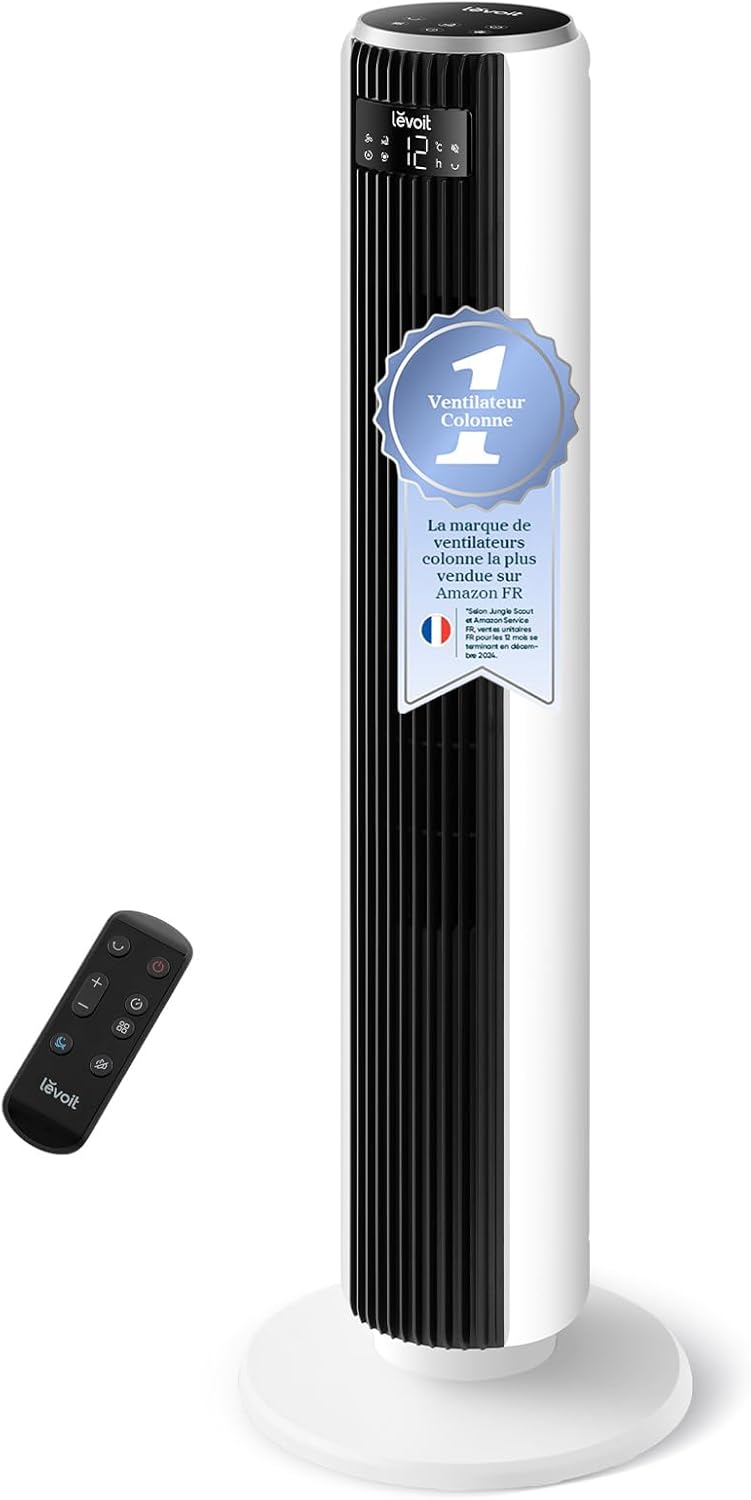Levoit Column Fan 20dB Quiet, 7.9m/s DC Motor, LTF-F362-WEU | 26W, Oscillating 90° with 12 Speed, 12 Hour Timer, 4 Modes, LED Cooling Display with Remote Control, White