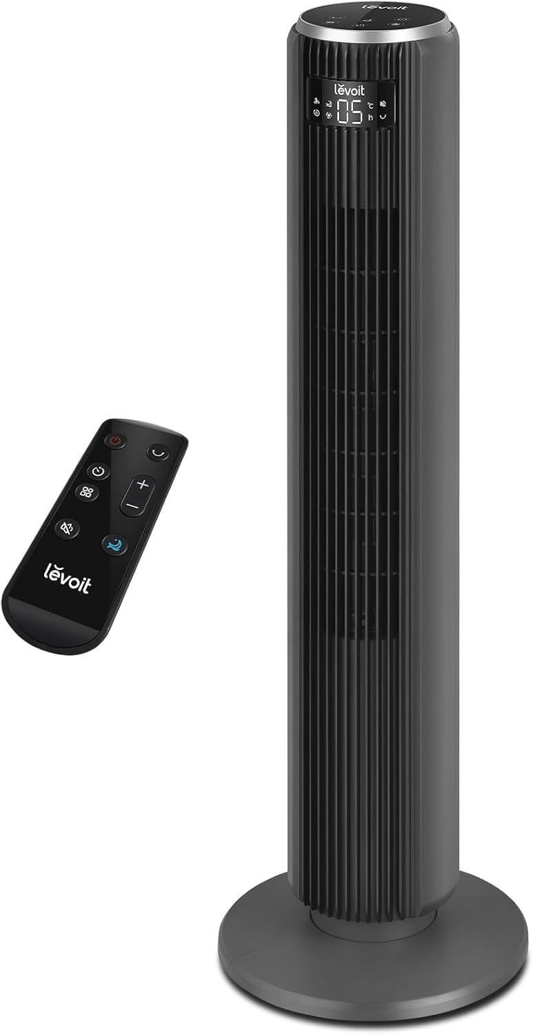 Levoit Column Fan 20dB Quiet, 7.9m/s DC Motor, LTF-F362-WEU | 26W, Oscillating 90° with 12 Speed, 12 Hour Timer, 4 Modes, LED Cooling Display with Remote Control, White