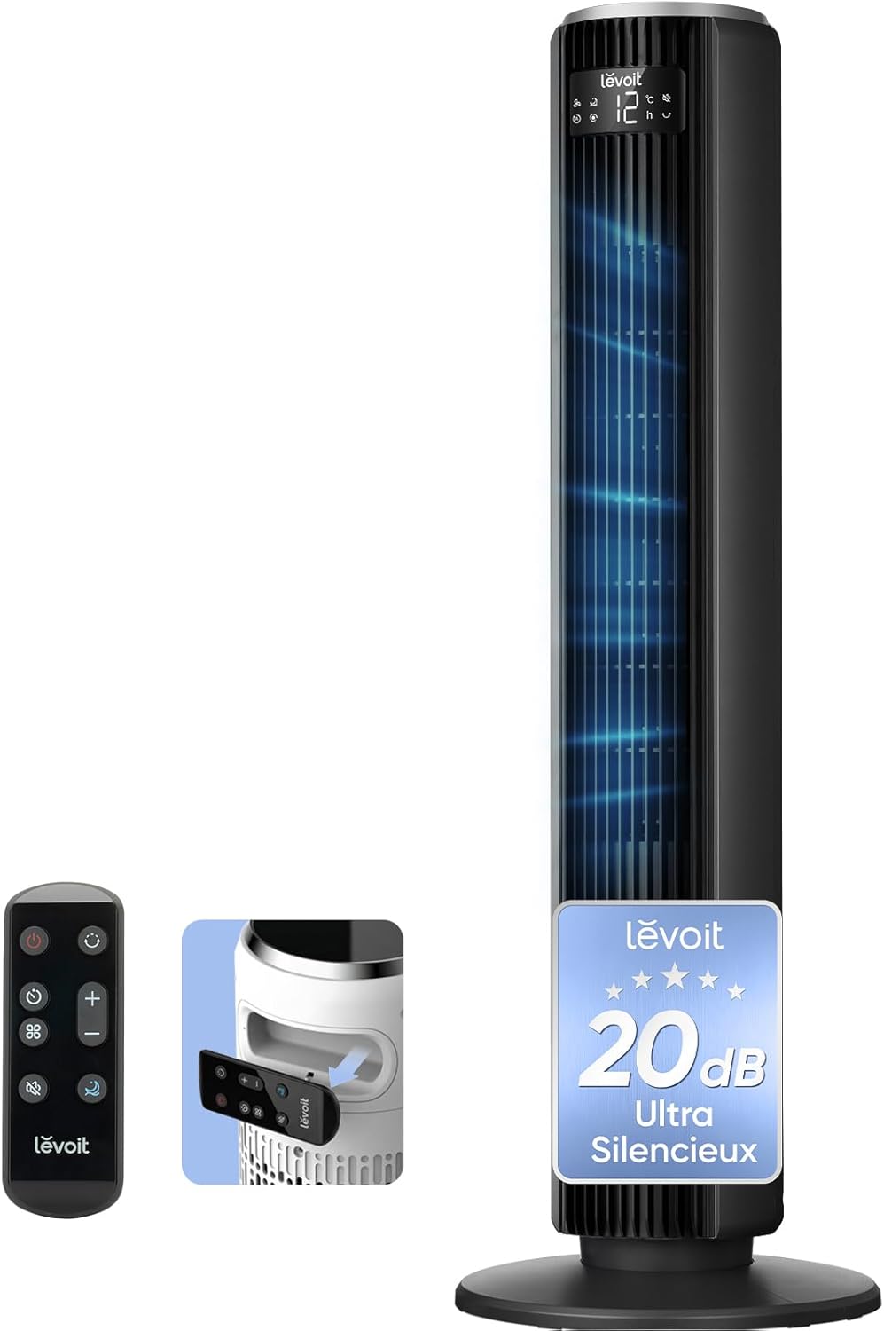Levoit Column Fan 20dB Quiet, 7.9m/s DC Motor, LTF-F362-WEU | 26W, Oscillating 90° with 12 Speed, 12 Hour Timer, 4 Modes, LED Cooling Display with Remote Control, White