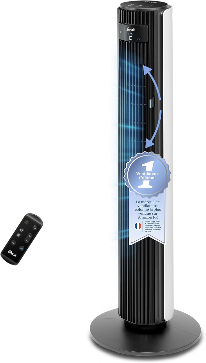 Levoit Column Fan 20dB Quiet, 7.9m/s DC Motor, LTF-F362-WEU | 26W, Oscillating 90° with 12 Speed, 12 Hour Timer, 4 Modes, LED Cooling Display with Remote Control, White