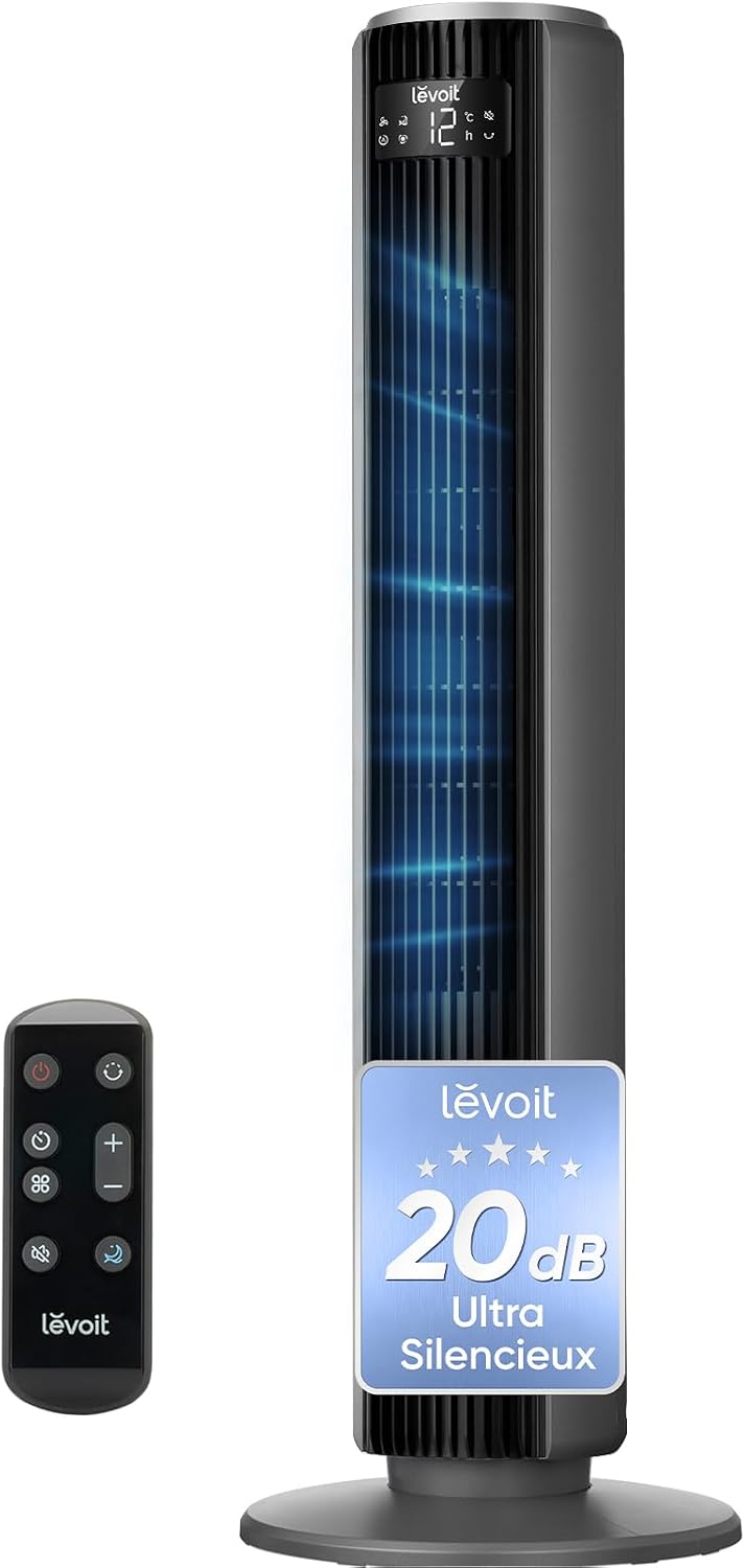 Levoit Column Fan 20dB Quiet, 7.9m/s DC Motor, LTF-F362-WEU | 26W, Oscillating 90° with 12 Speed, 12 Hour Timer, 4 Modes, LED Cooling Display with Remote Control, White