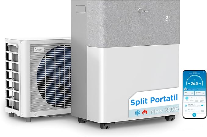 Midea PortaSplit Climatiseur Mobile Silencieux 4-en-1 12000 BTU Chauffage et Climatisation 3,5 kW Blanc MMCS-12HRN8-QRD0