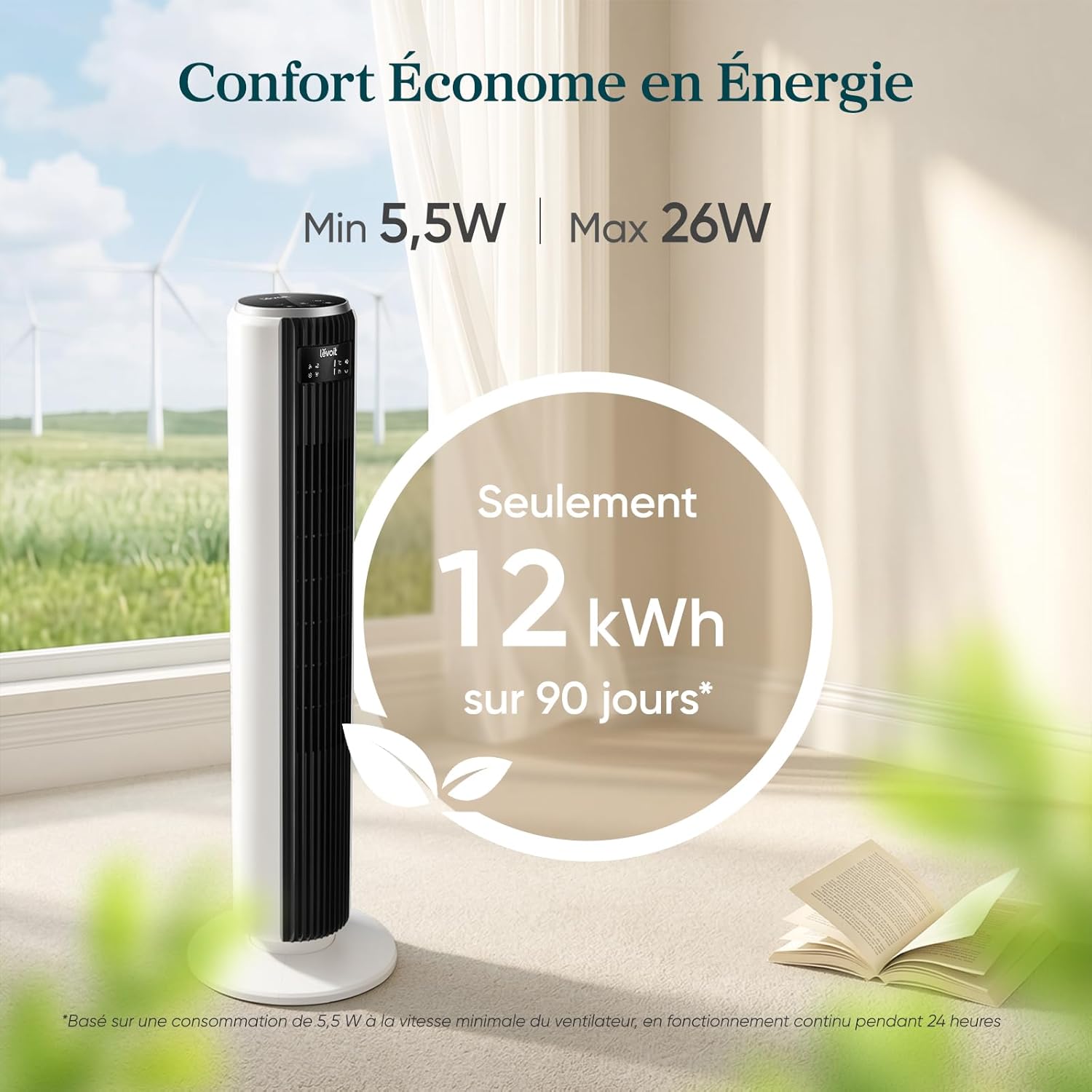 Levoit Column Fan 20dB Quiet, 7.9m/s DC Motor, LTF-F362-WEU | 26W, Oscillating 90° with 12 Speed, 12 Hour Timer, 4 Modes, LED Cooling Display with Remote Control, White
