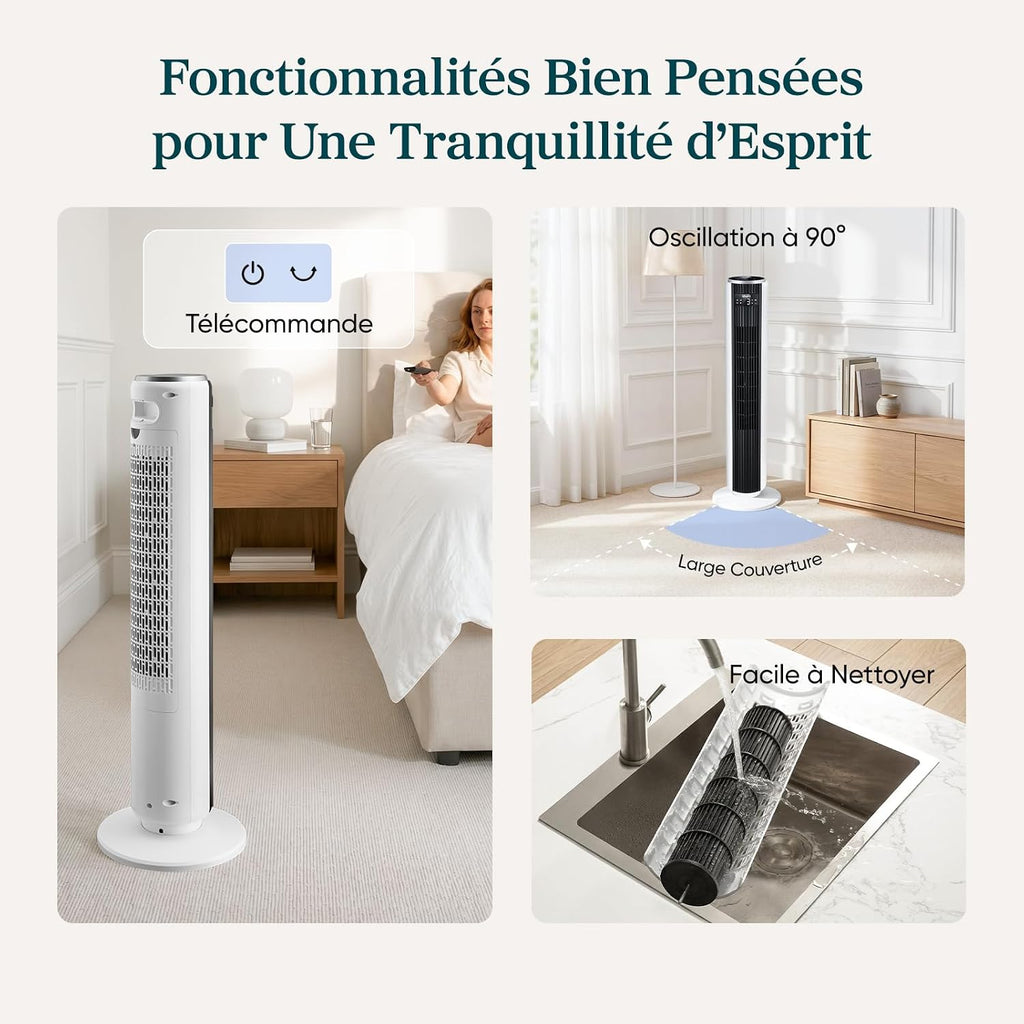 Levoit Column Fan 20dB Quiet, 7.9m/s DC Motor, LTF-F362-WEU | 26W, Oscillating 90° with 12 Speed, 12 Hour Timer, 4 Modes, LED Cooling Display with Remote Control, White