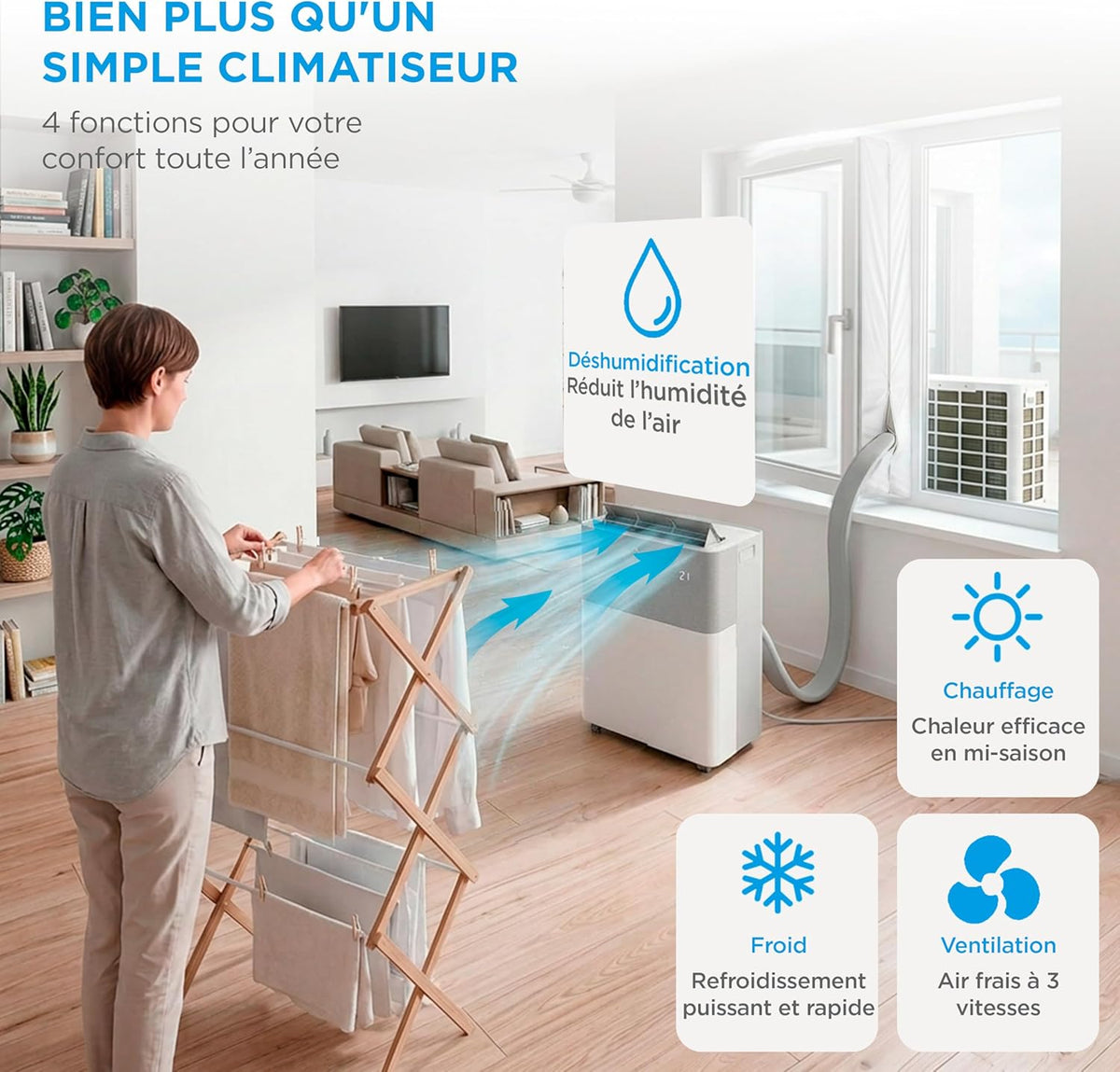 Midea PortaSplit Climatiseur Mobile Silencieux 4-en-1 12000 BTU Chauffage et Climatisation 3,5 kW Blanc MMCS-12HRN8-QRD0