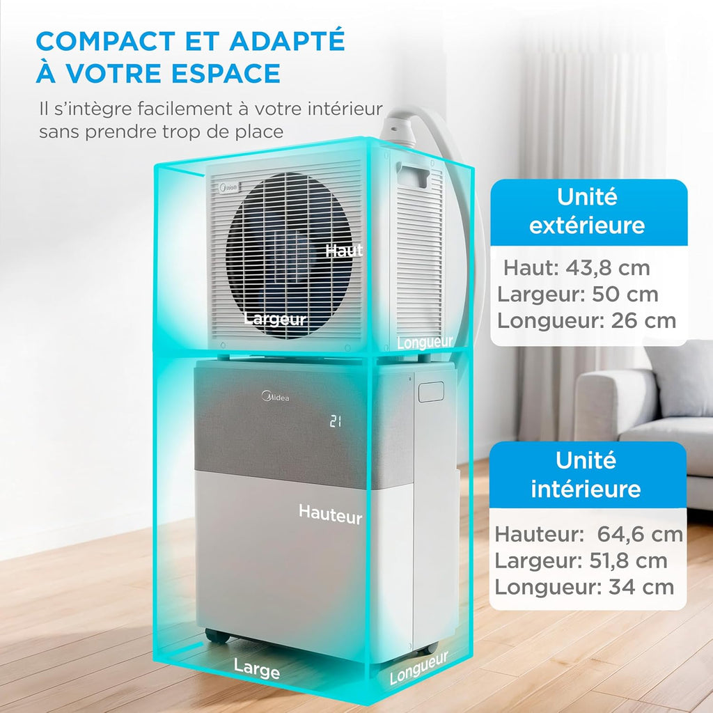 Midea PortaSplit Climatiseur Mobile Silencieux 4-en-1 12000 BTU Chauffage et Climatisation 3,5 kW Blanc MMCS-12HRN8-QRD0