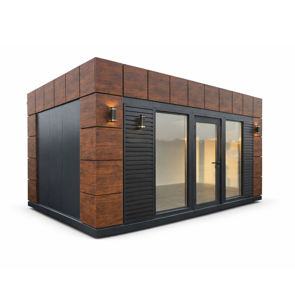Module Studio de Jardin 15 m² Façade Bois Foncé Persiennes Anthracite Baies Vitrées
