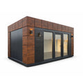 Module Studio de Jardin 15 m² Façade Bois Foncé Persiennes Anthracite Baies Vitrées