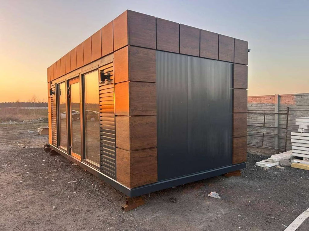 Module Studio de Jardin 15 m² Façade Bois Foncé Persiennes Anthracite Baies Vitrées