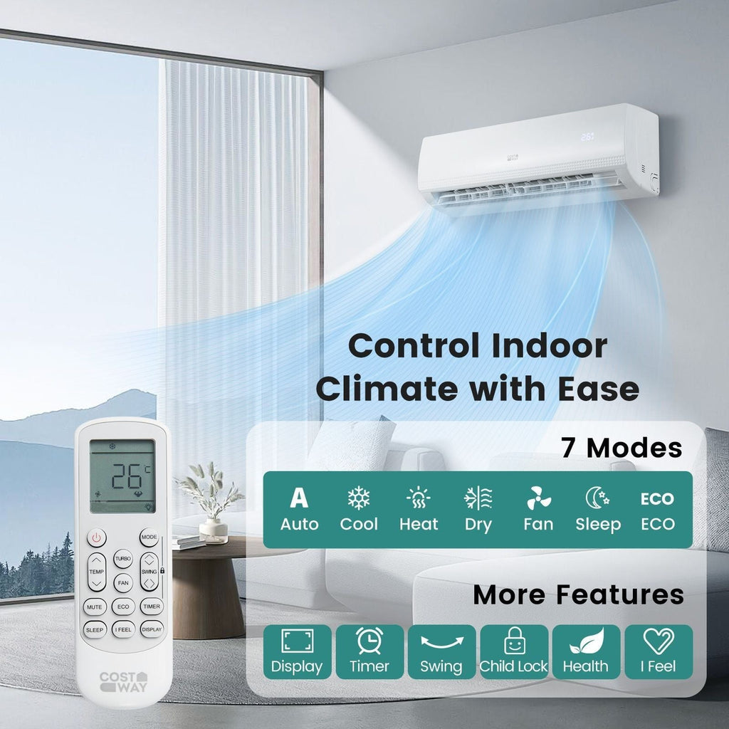 COSTWAY Climatiseur Split Mural 5-en-1 9000 BTU Pompe à Chaleur